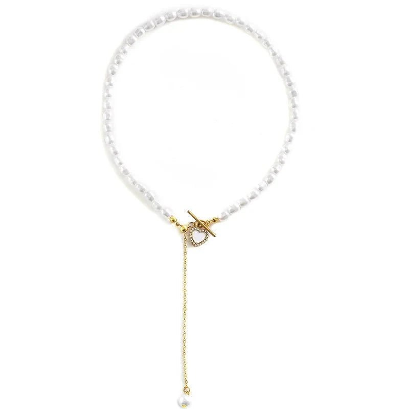 Dainty Pearl Drop Heart Clasp Choker Necklace - Veinci