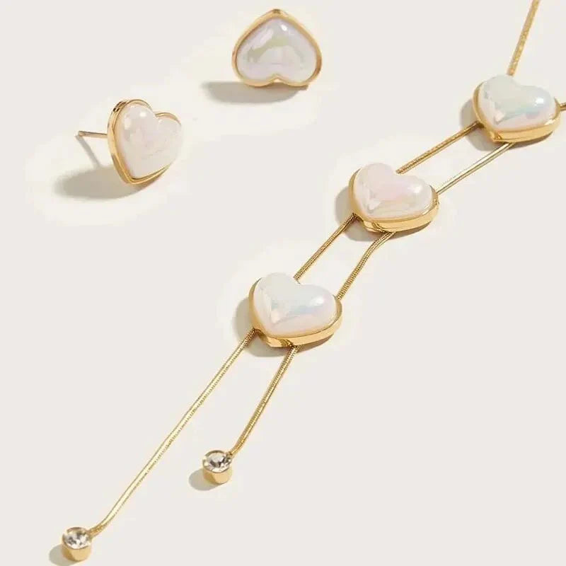 Dainty Pearl Heart Lariat Necklace and Earrings Set - Veinci