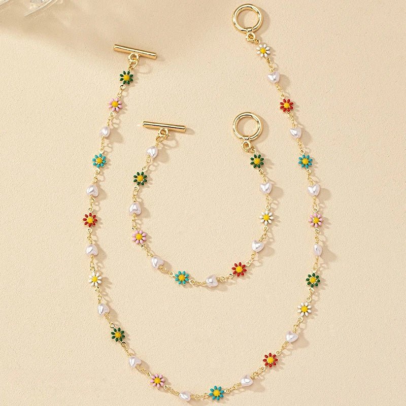 Dainty Spring Floral Pearls Bracelet and Necklace Set - Veinci