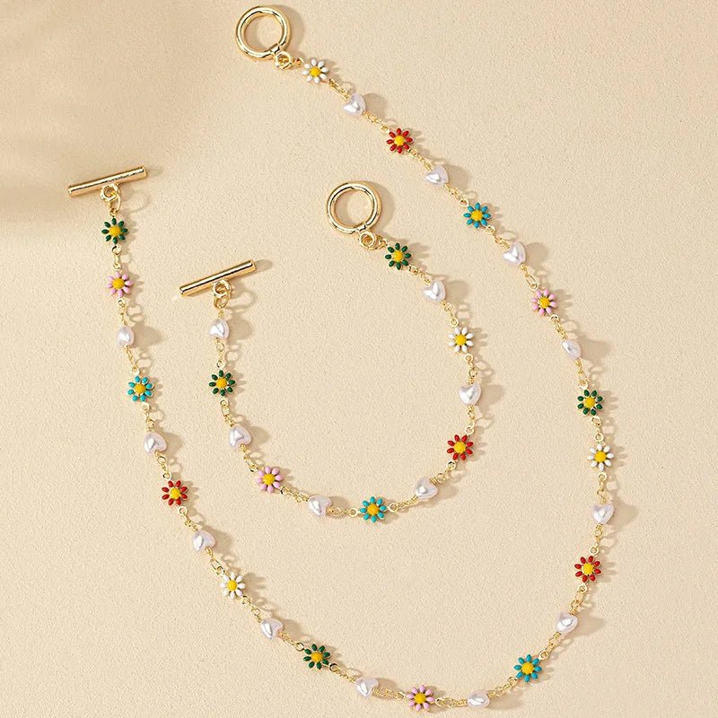 Dainty Spring Floral Pearls Bracelet and Necklace Set - Veinci