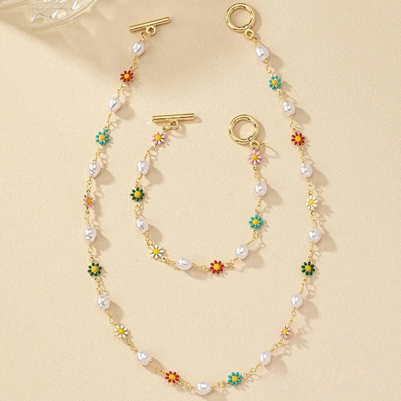 Dainty Spring Floral Pearls Bracelet and Necklace Set - Veinci
