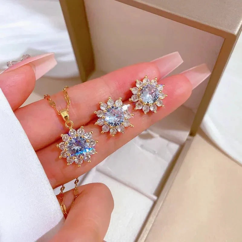 Dazzling Sunflower Floral Necklace and Earrings - Veinci