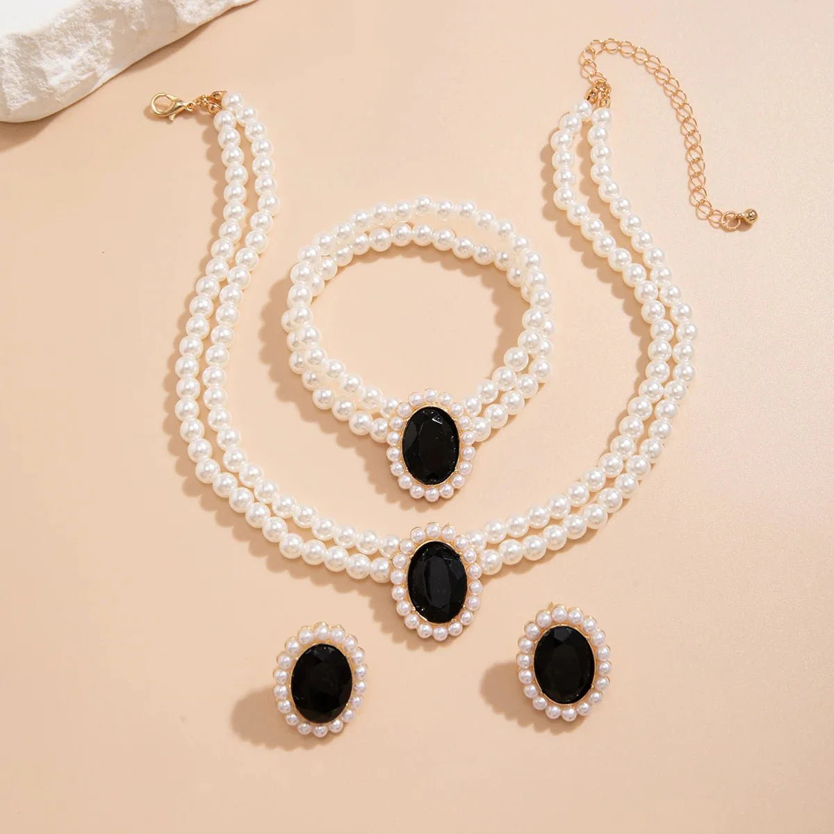 Elegant Oval Diamond Pearl Necklace, Bracelet, Earrings Set - Veinci