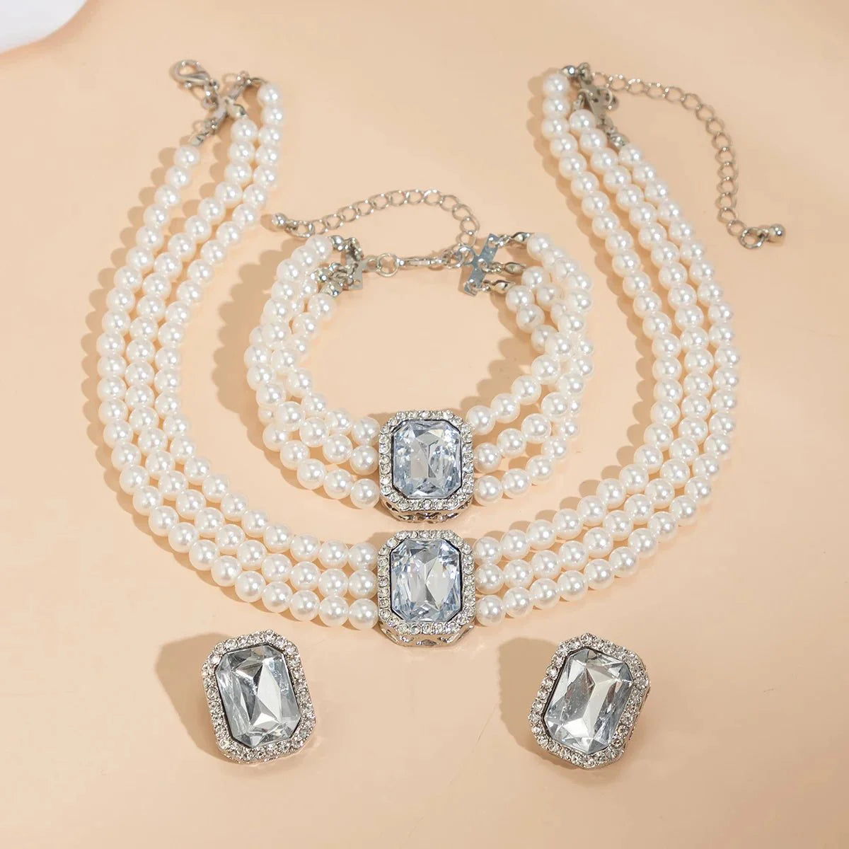 Elegant Pearl Diamond Necklace, Bracelet, and Earring Set - Veinci