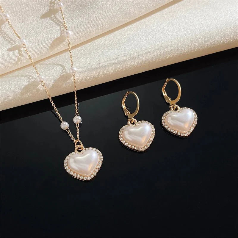 Elegant Pearl Heart Necklace and Earrings Set - Veinci