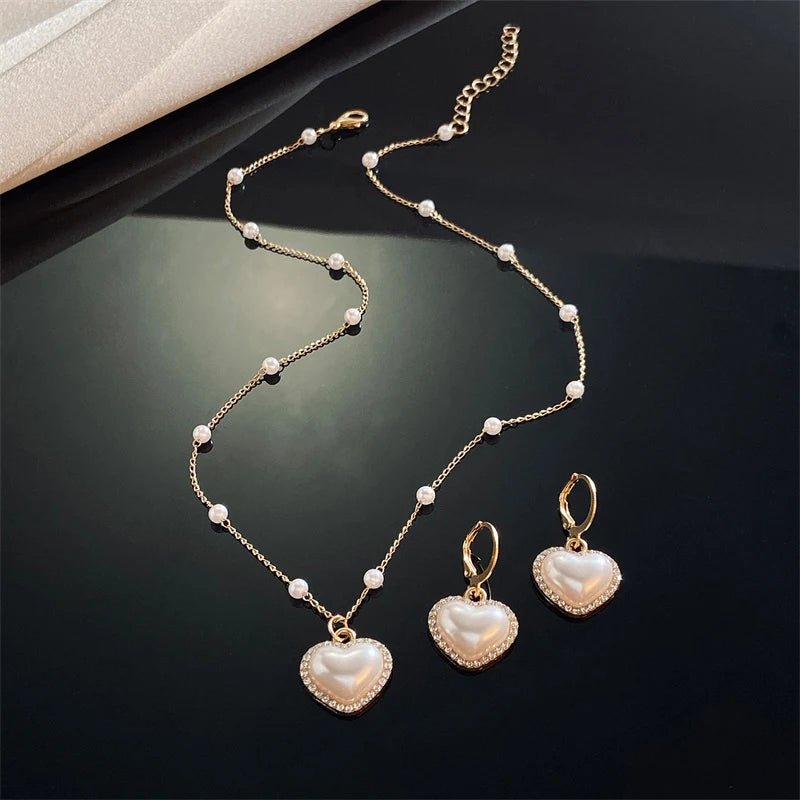 Elegant Pearl Heart Necklace and Earrings Set - Veinci
