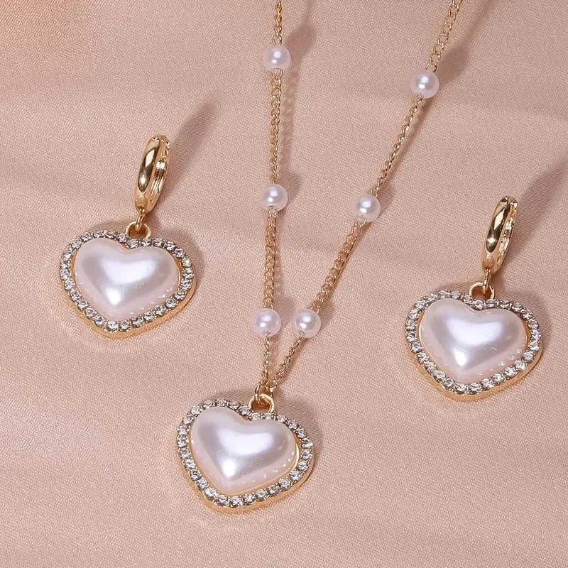 Elegant Pearl Heart Necklace and Earrings Set - Veinci