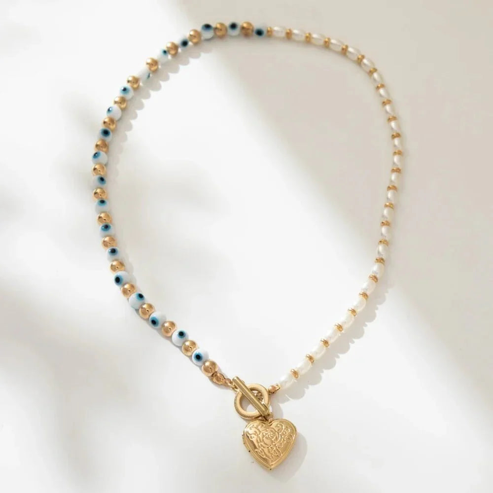 Evil Eye Pearl Heart Locket Necklace - Veinci