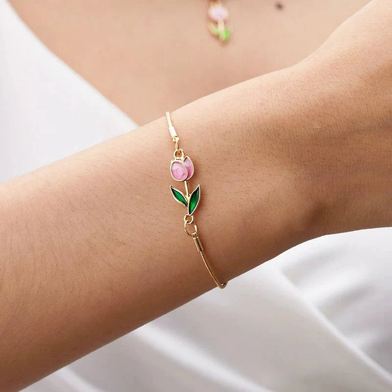 Feminine Floral Tulip Bracelet and Necklace Set - Veinci