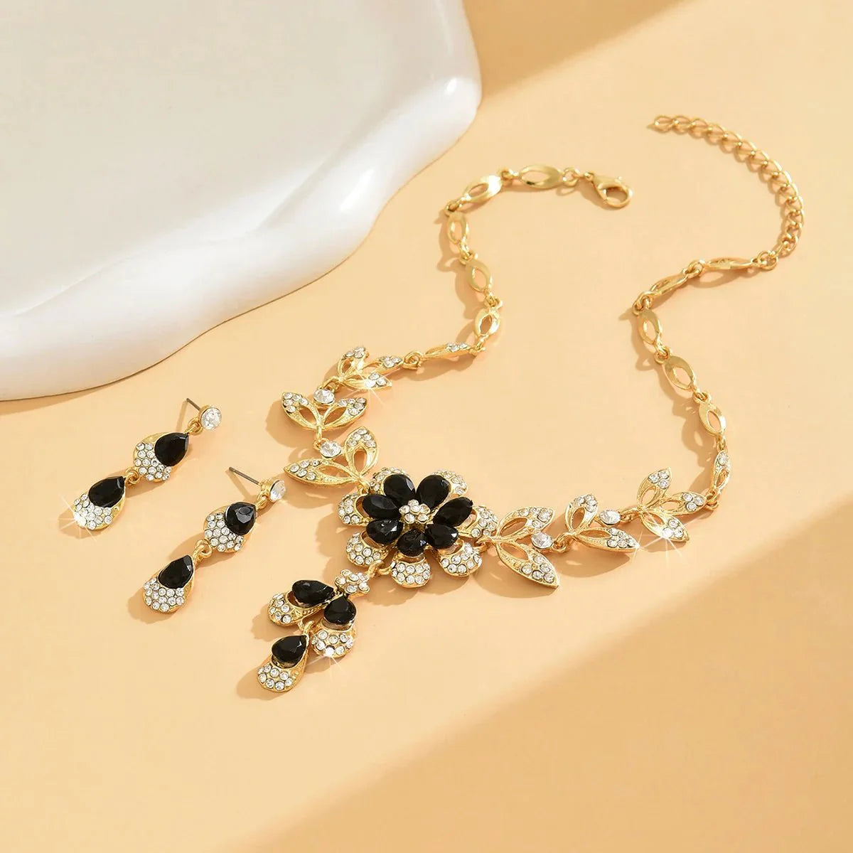 Floral Black and Gold Diamond Necklace and Earring Set - Veinci