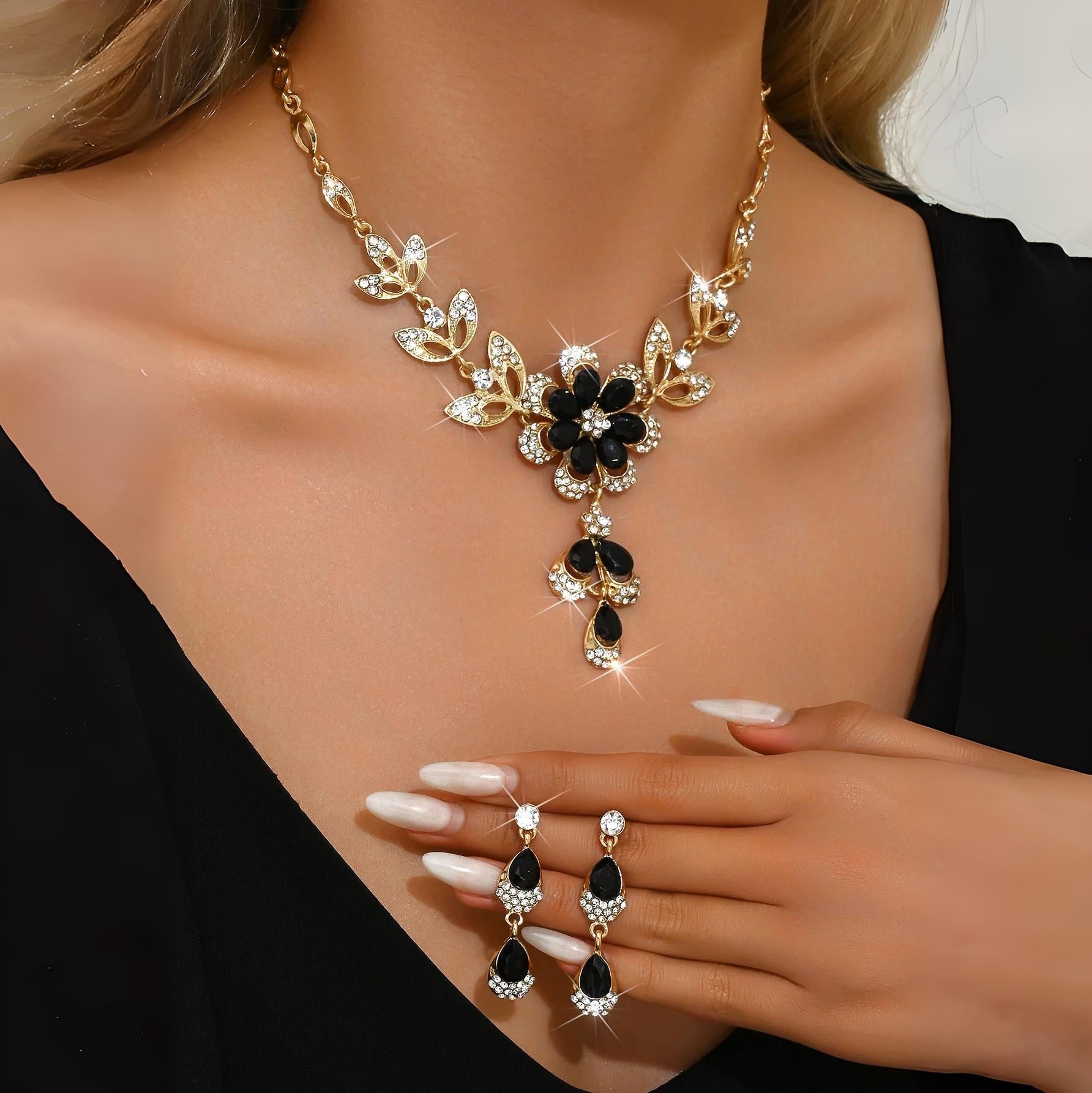 Floral Black and Gold Diamond Necklace and Earring Set - Veinci