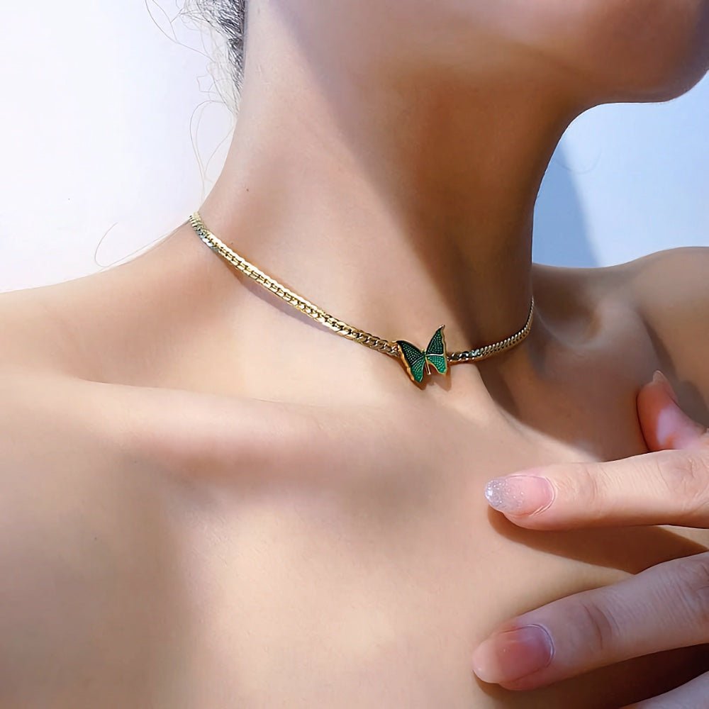 Golden Herringbone Butterfly Choker Necklace - Veinci