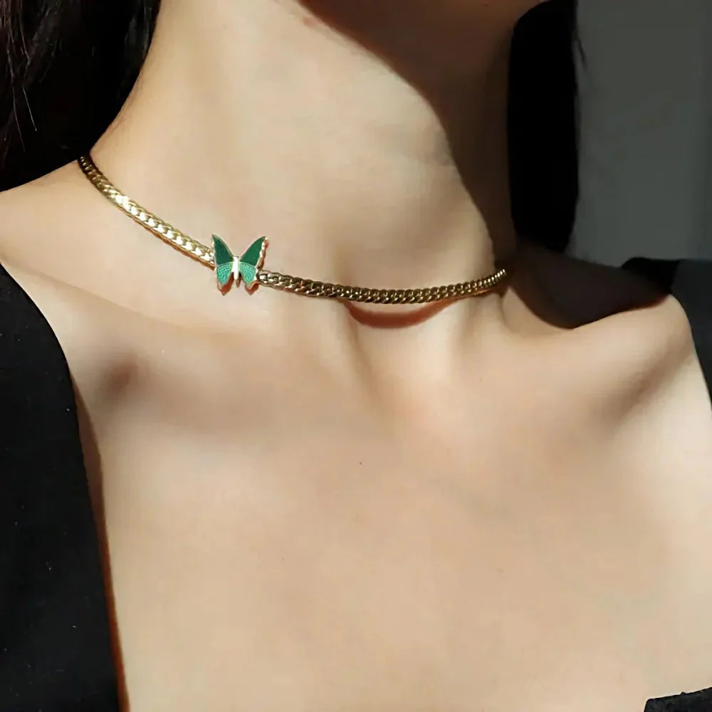 Golden Herringbone Butterfly Choker Necklace - Veinci
