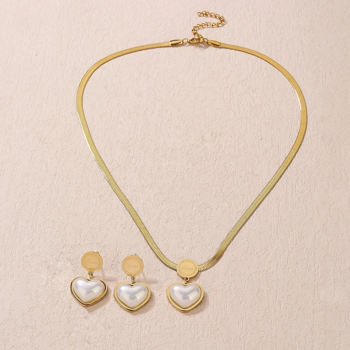 Herringbone Love Heart Necklace and Earrings Set - Veinci