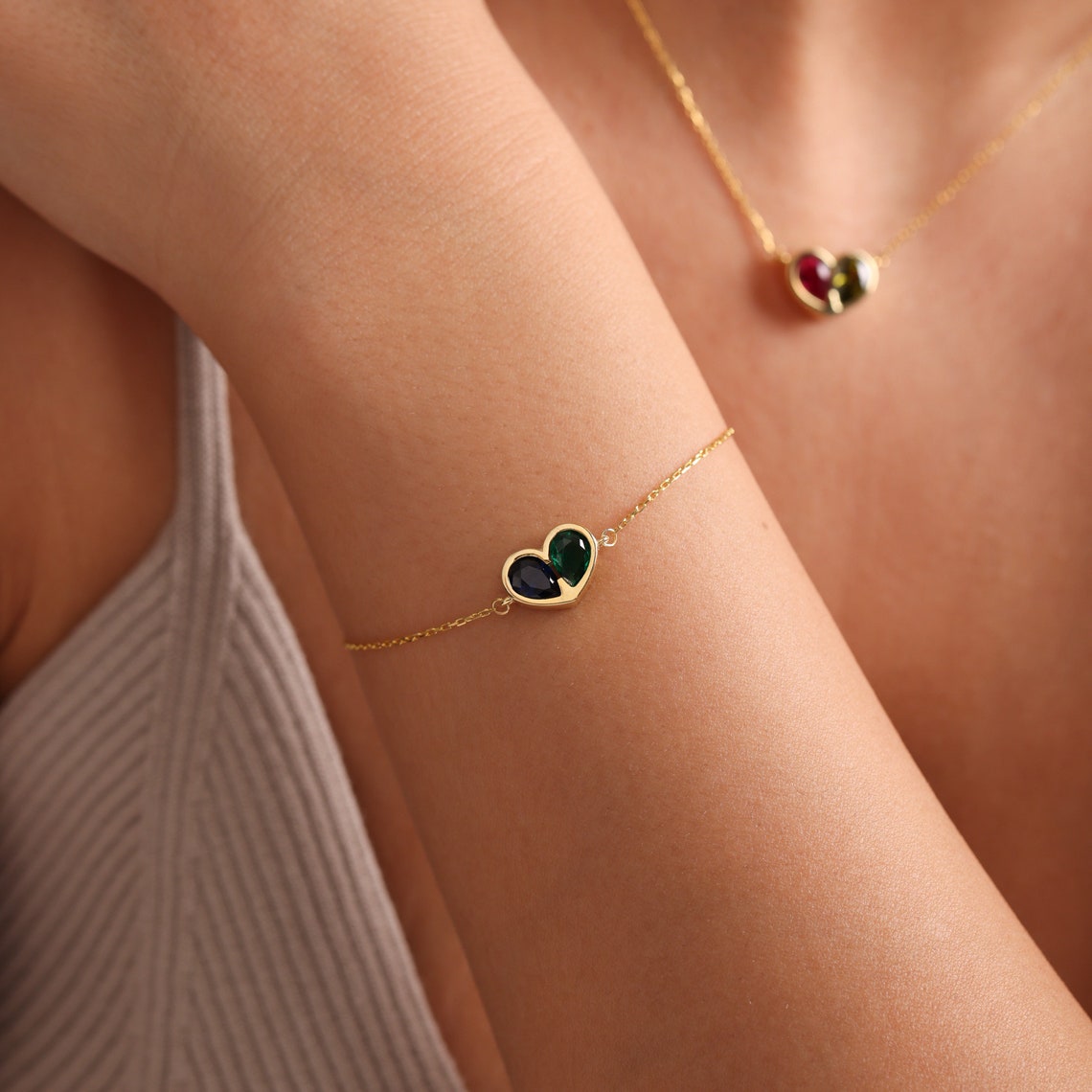Collar y brazalete de corazón de piedra de nacimiento vinculada para siempre