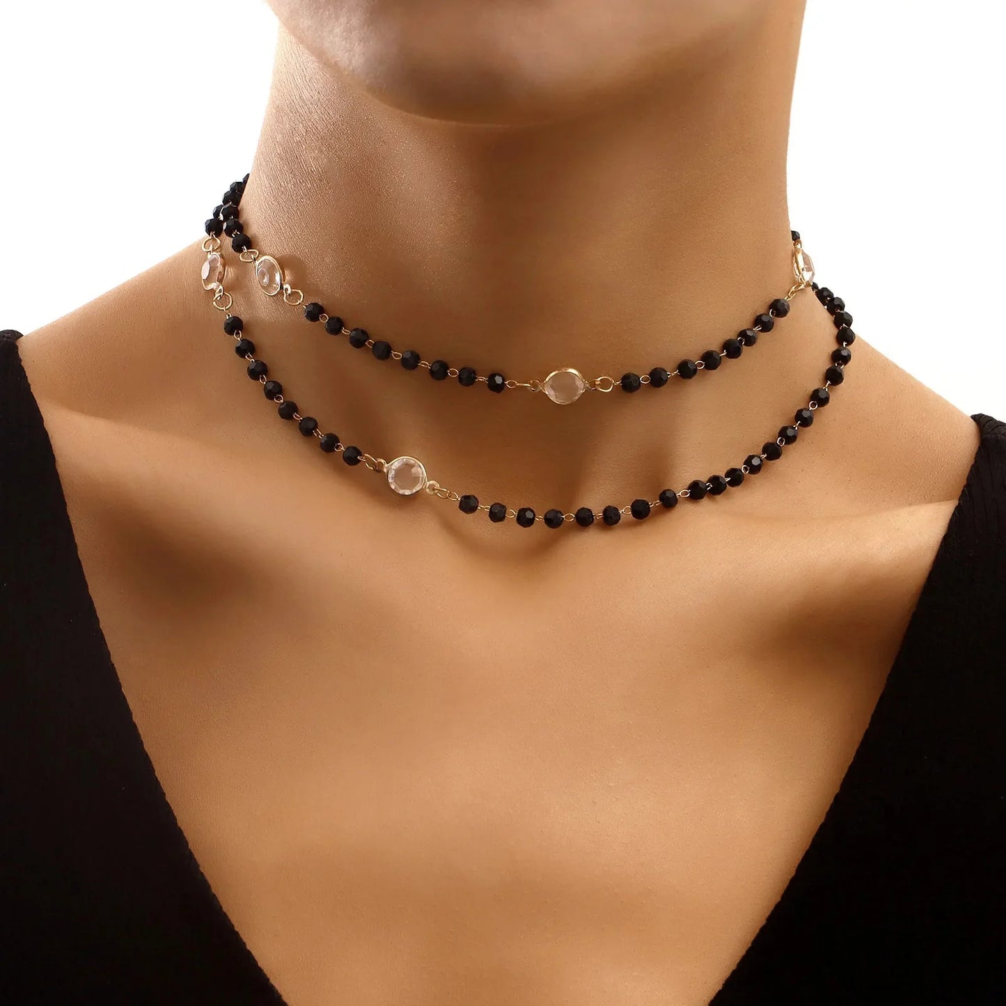 Layered Black Crystal Necklace - Veinci