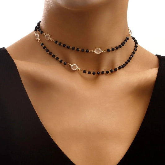 Layered Black Crystal Necklace - Veinci