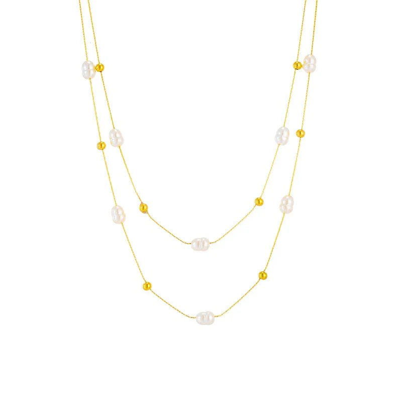 Layered Pearl Gold Beaded Necklace - Veinci