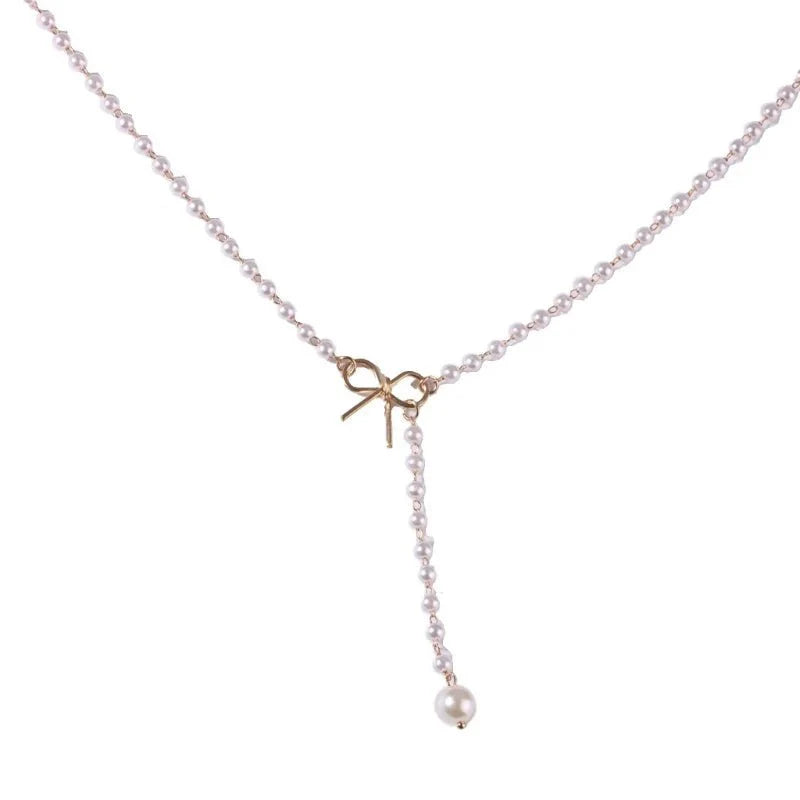 Pearl Dainty Bow Lariat Necklace - Veinci