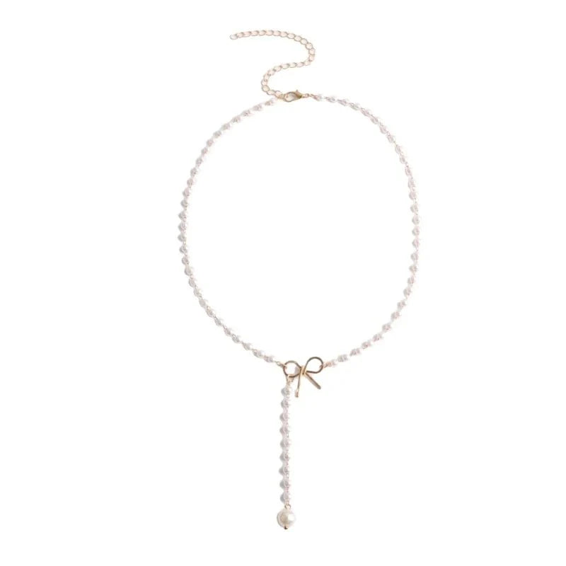Pearl Dainty Bow Lariat Necklace - Veinci