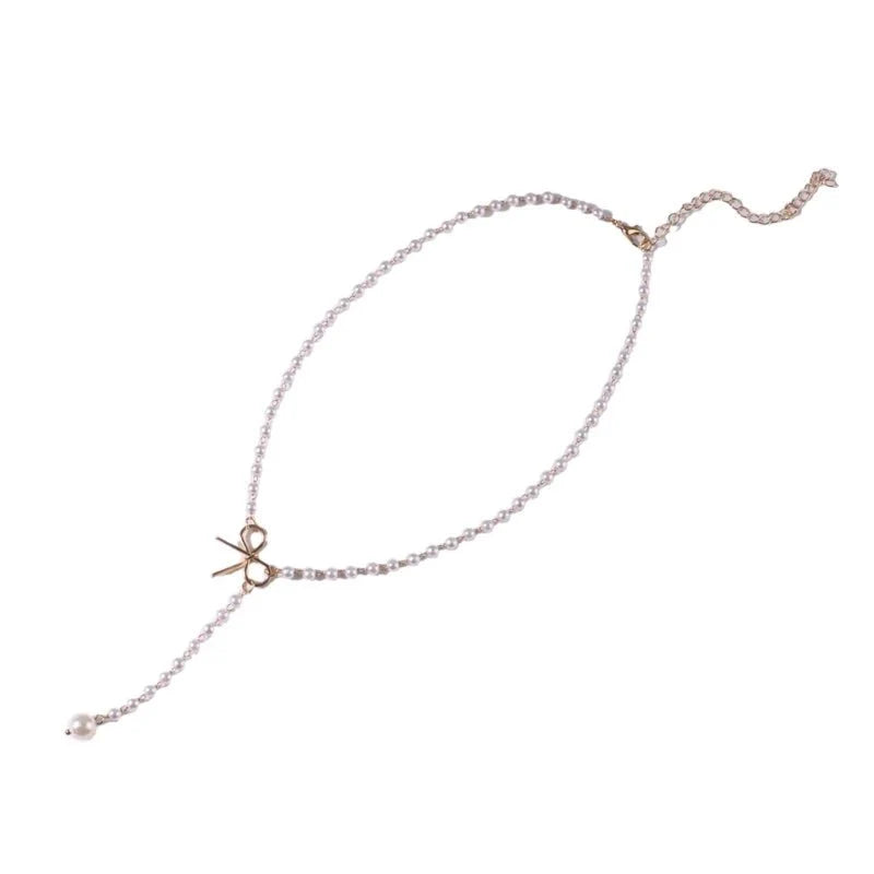 Pearl Dainty Bow Lariat Necklace - Veinci