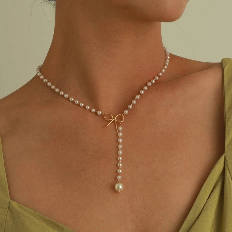 Pearl Dainty Bow Lariat Necklace - Veinci