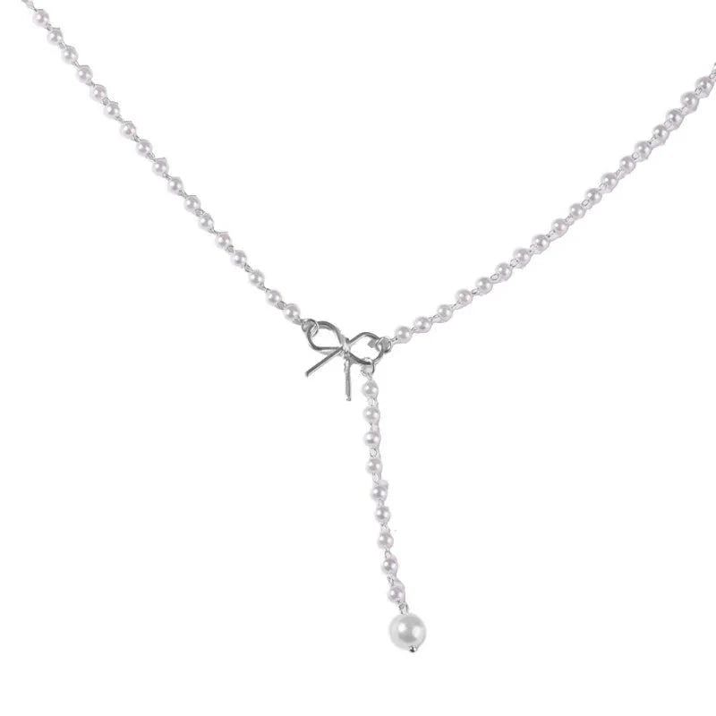 Pearl Dainty Bow Lariat Necklace - Veinci