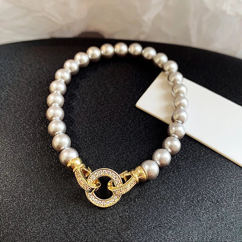 Pearl Diamond Accented Circle Pendant Bracelet and Necklace - Veinci