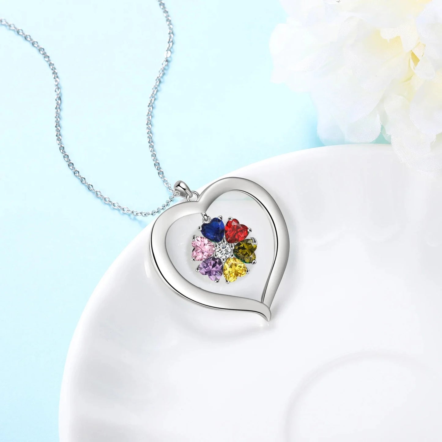 Personalized Name & Birthstone Heart Hanging Pendant Necklace - Veinci