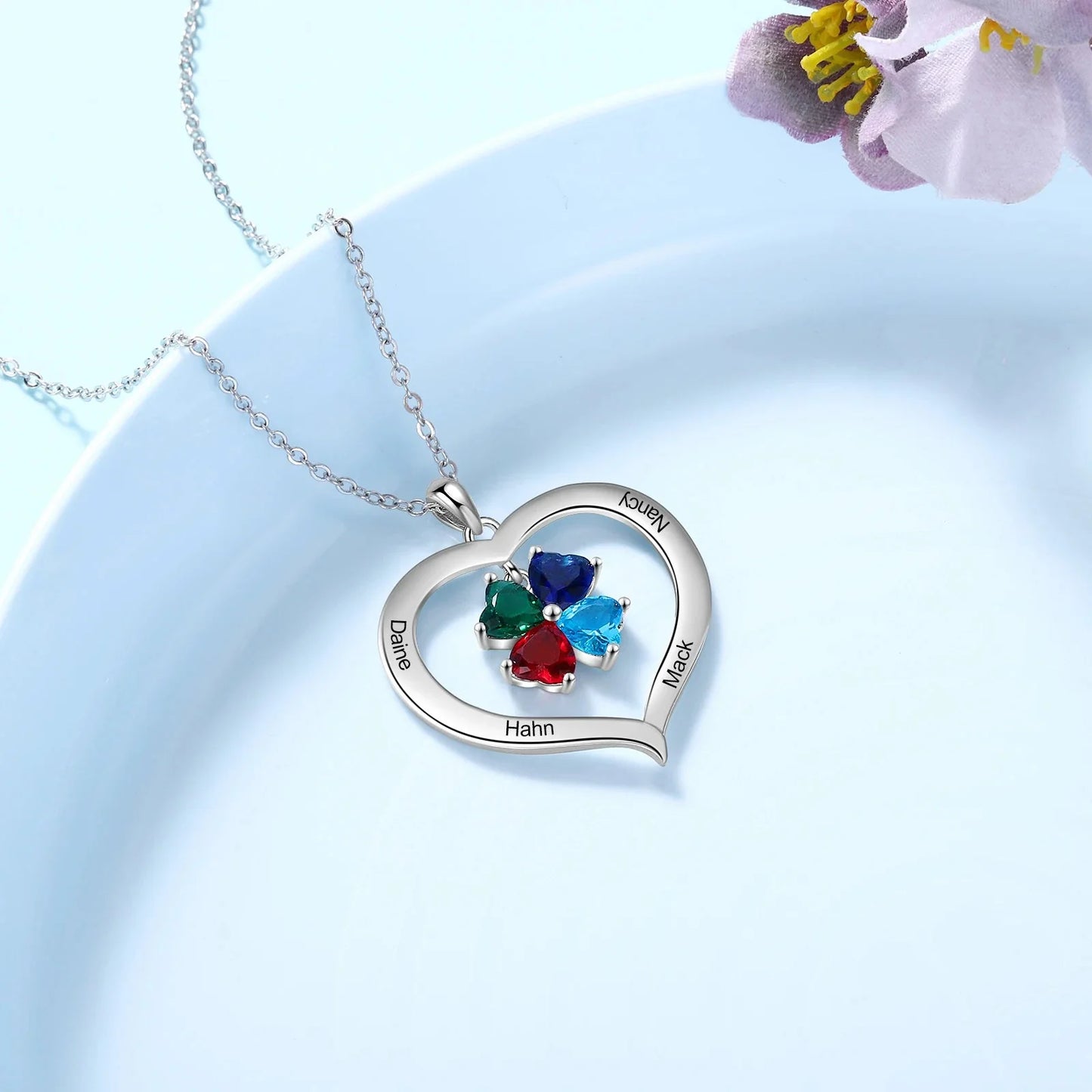 Personalized Name & Birthstone Heart Hanging Pendant Necklace - Veinci