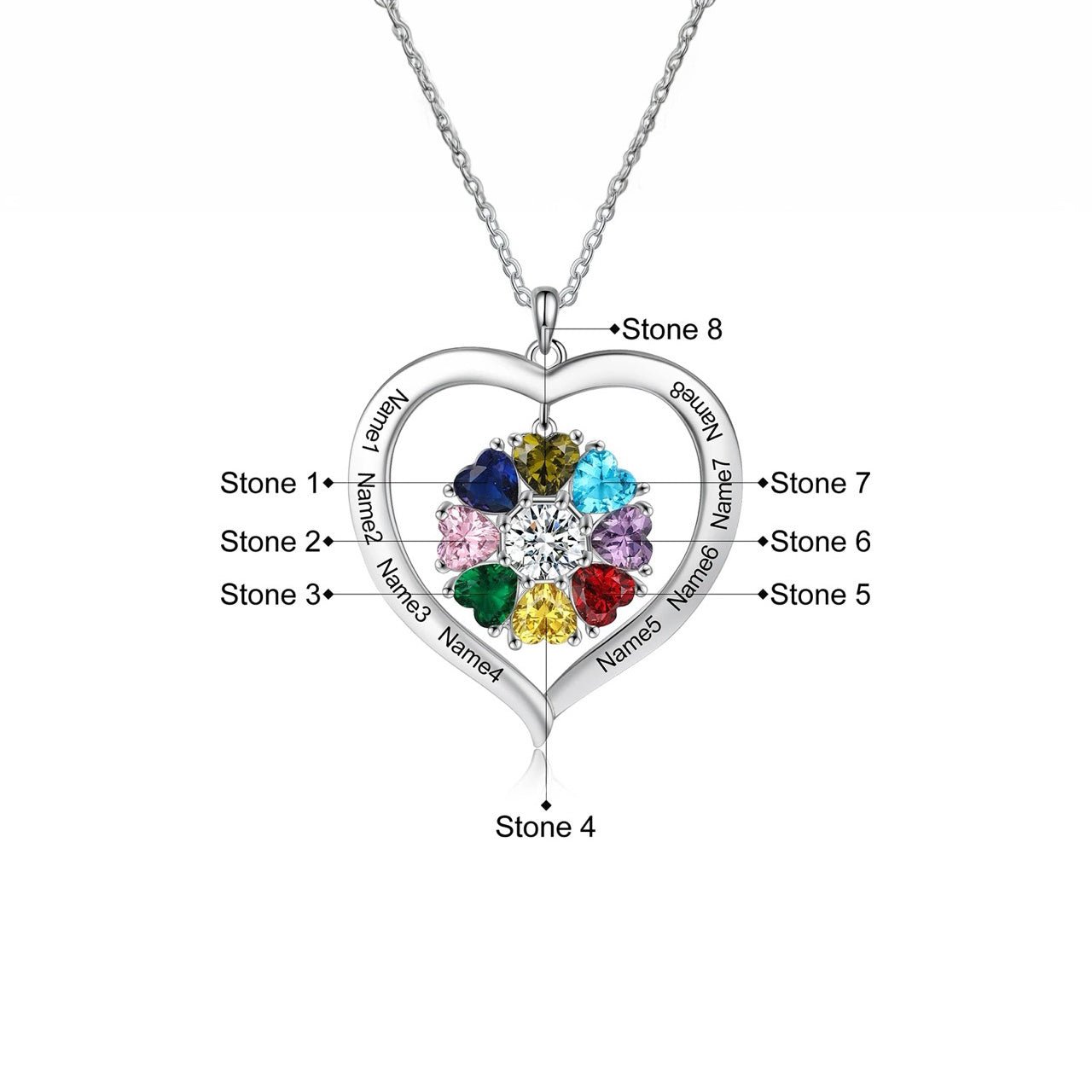 Personalized Name & Birthstone Heart Hanging Pendant Necklace - Veinci