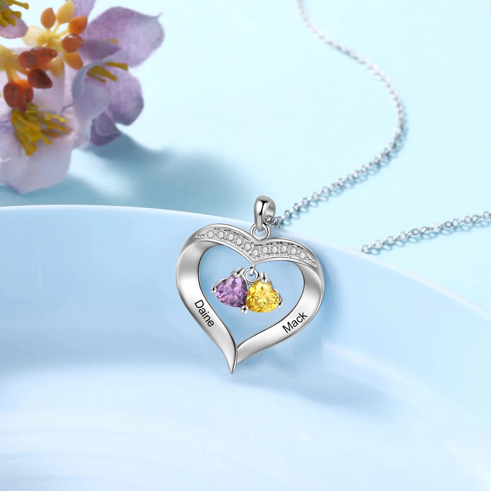 Personalized Name & Birthstone Heart Hanging Pendant Necklace - Veinci