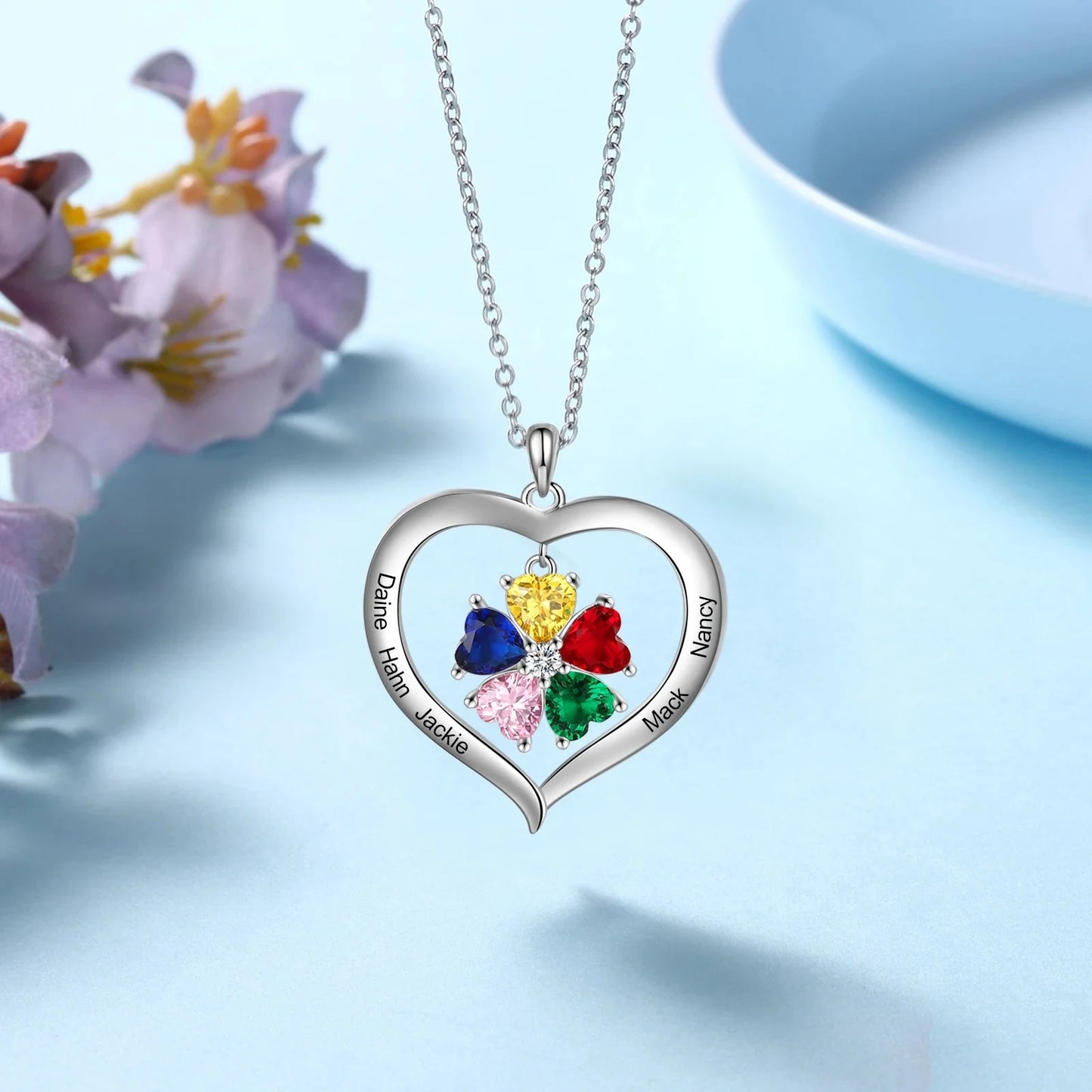 Personalized Name & Birthstone Heart Hanging Pendant Necklace - Veinci