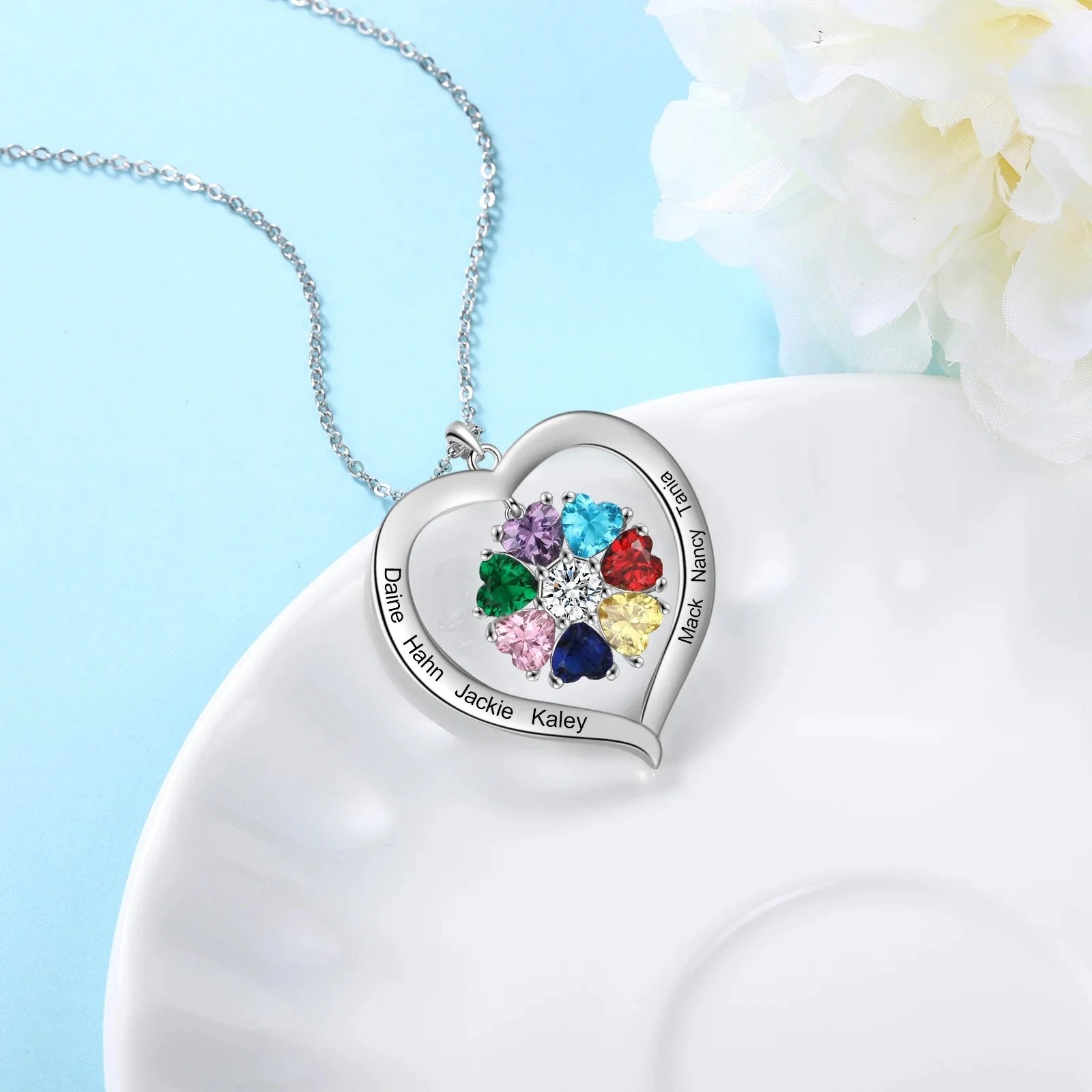 Personalized Name & Birthstone Heart Hanging Pendant Necklace - Veinci