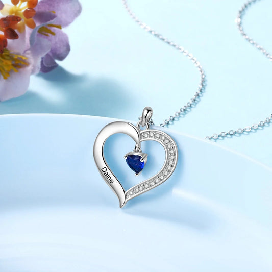 Personalized Name & Birthstone Heart Hanging Pendant Necklace - Veinci