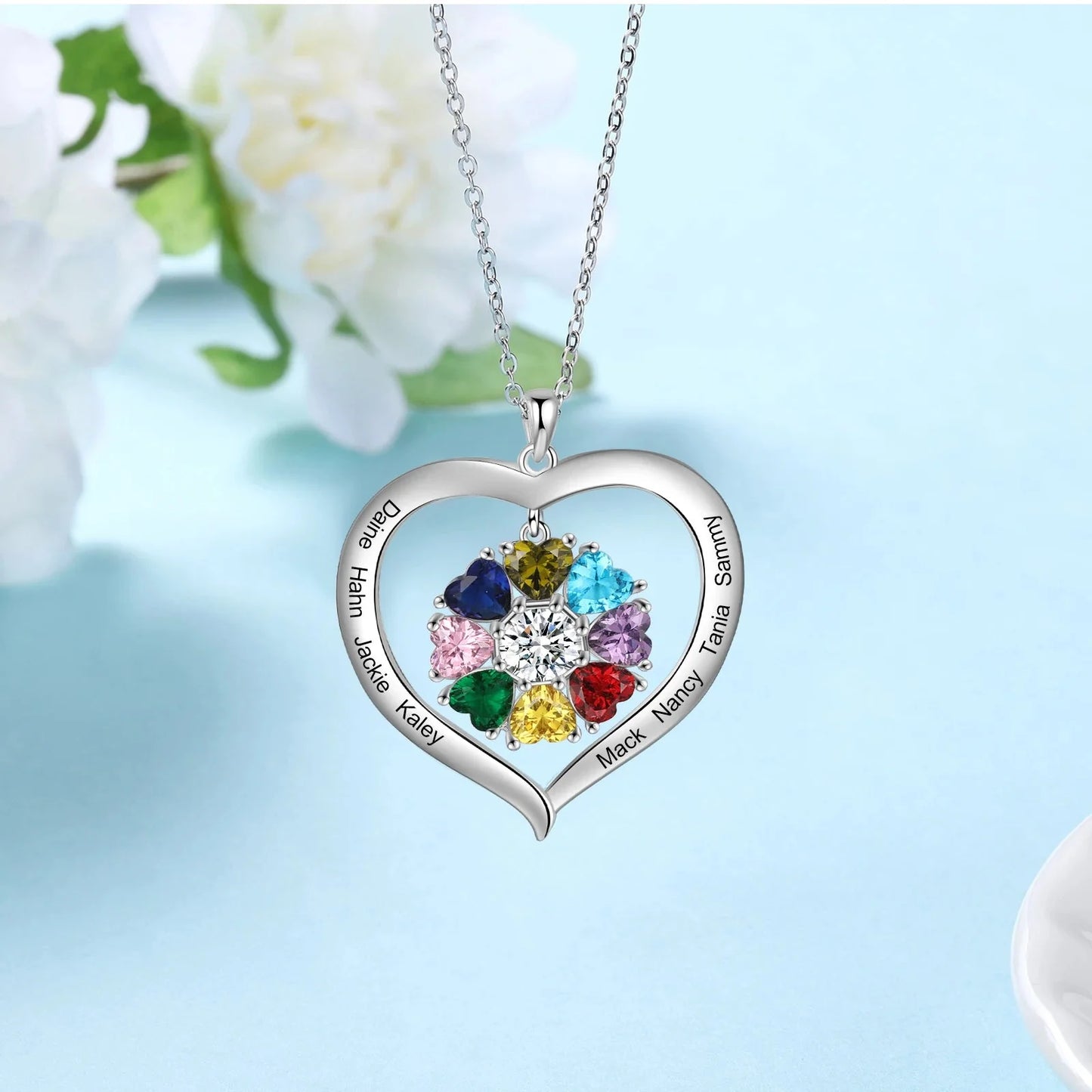 Personalized Name & Birthstone Heart Hanging Pendant Necklace - Veinci