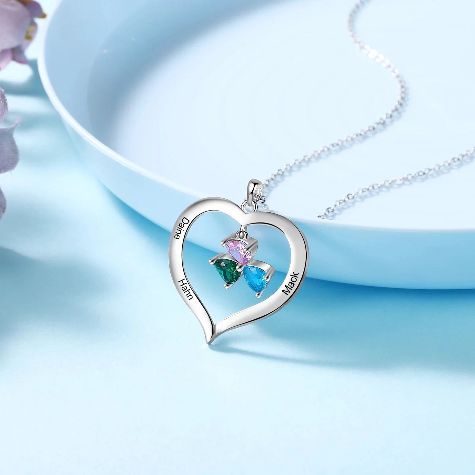 Personalized Name & Birthstone Heart Hanging Pendant Necklace - Veinci