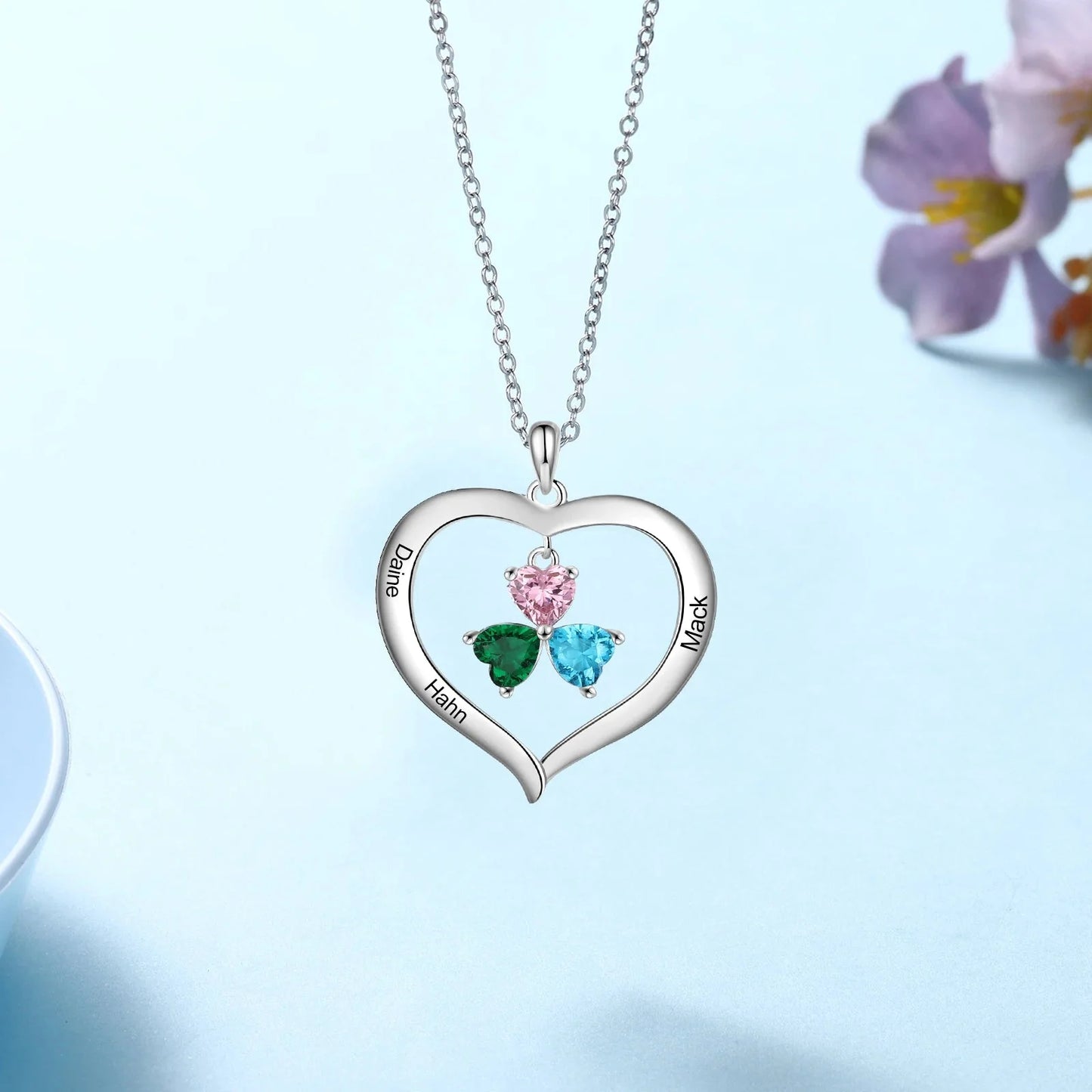 Personalized Name & Birthstone Heart Hanging Pendant Necklace - Veinci