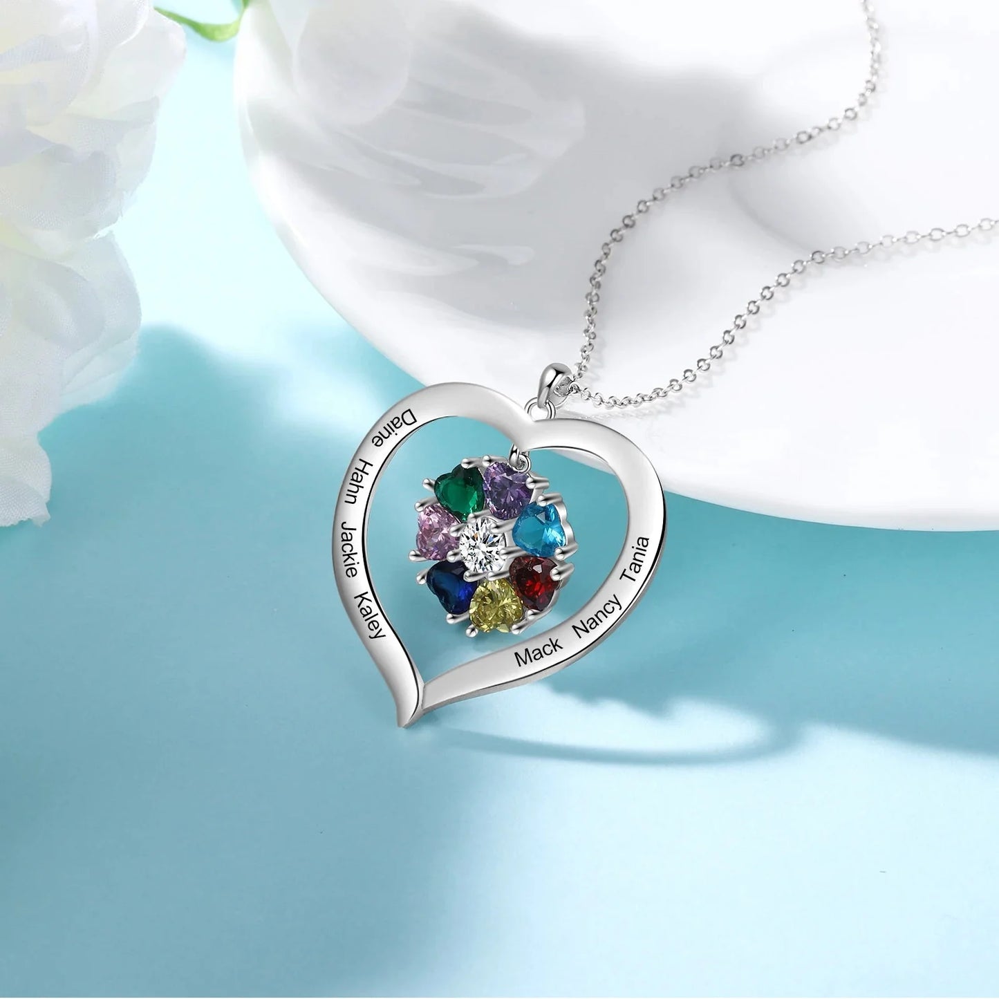 Personalized Name & Birthstone Heart Hanging Pendant Necklace - Veinci
