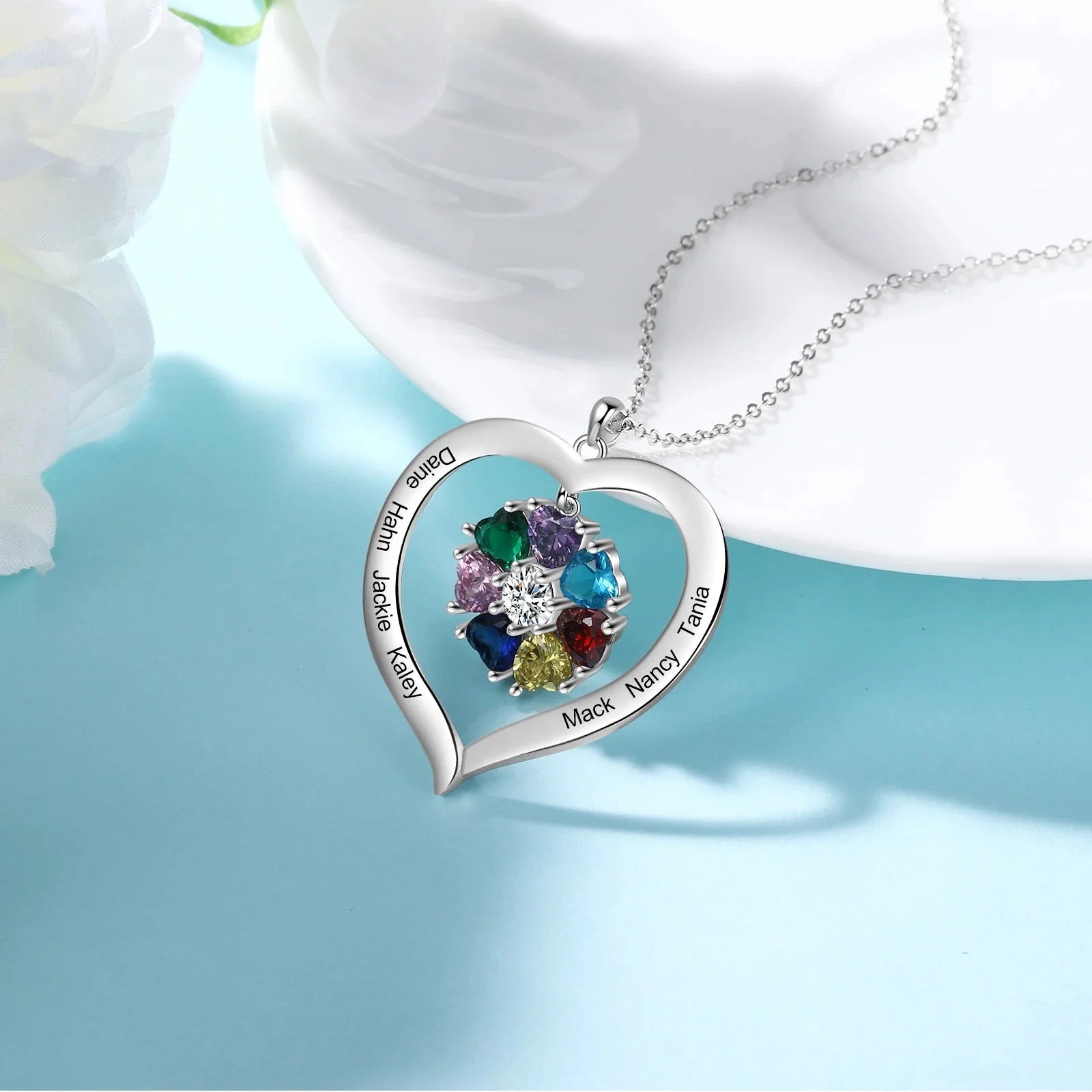 Personalized Name & Birthstone Heart Hanging Pendant Necklace - Veinci