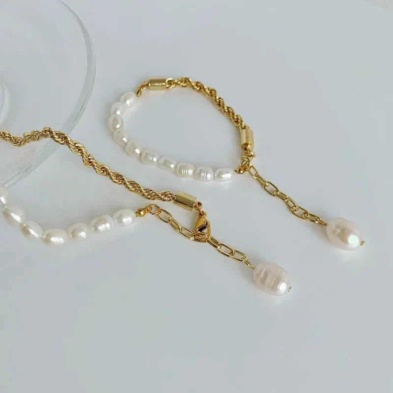 Rope Chain Pearl Contrast Bracelet and Necklace - Veinci