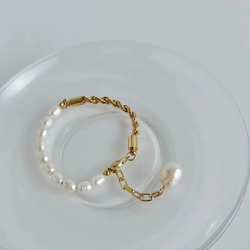 Rope Chain Pearl Contrast Bracelet and Necklace - Veinci