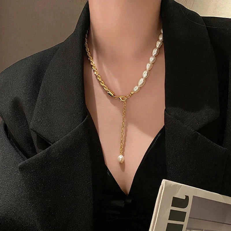 Rope Chain Pearl Contrast Bracelet and Necklace - Veinci