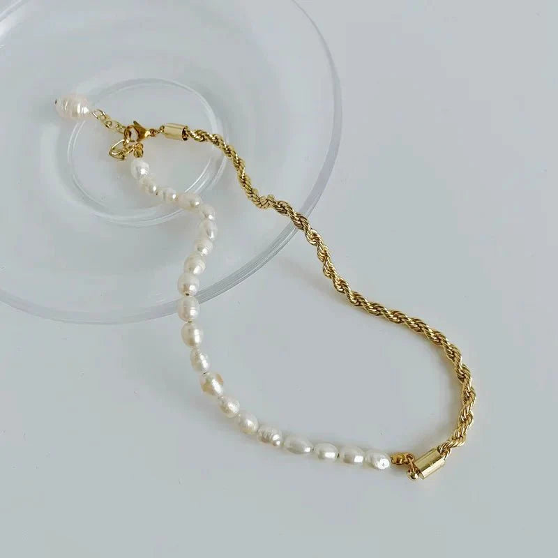Rope Chain Pearl Contrast Bracelet and Necklace - Veinci