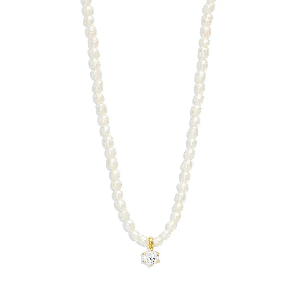 S925 Dainty Diamond Charm Pearl Necklace - Veinci