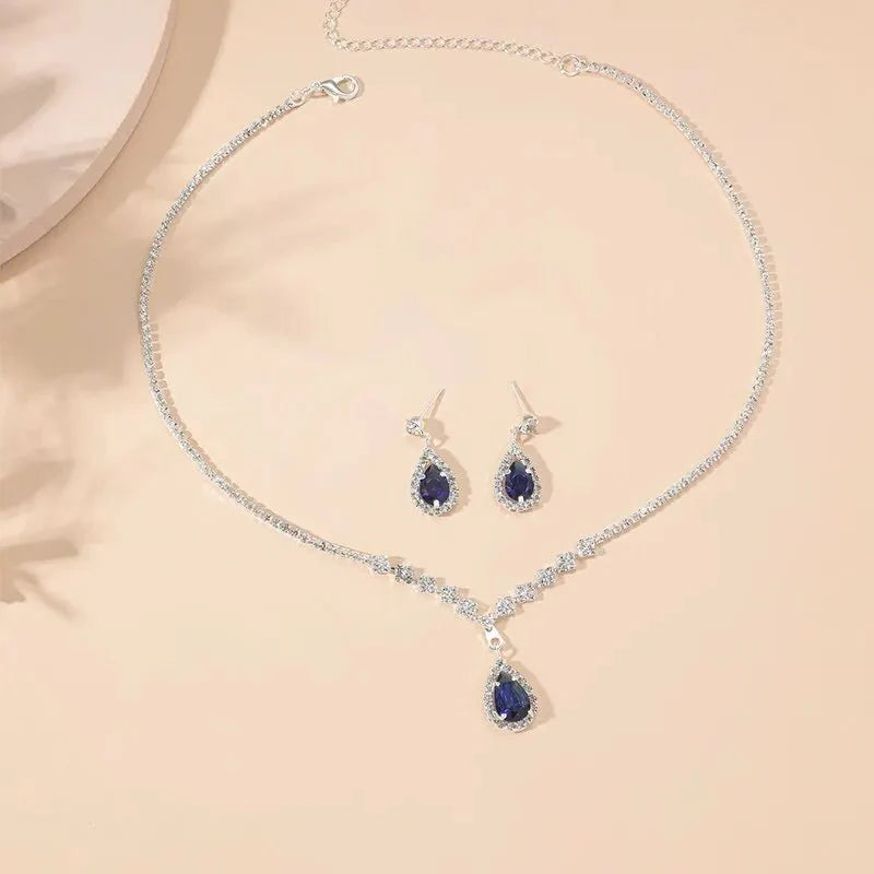Shimmering Blue Teardrop Diamond Necklace and Earrings Set - Veinci