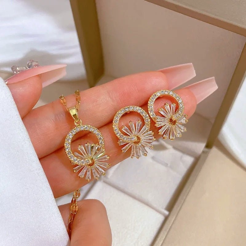 Shimmering Floral Diamond Necklace and Earrings - Veinci