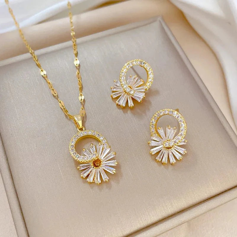 Shimmering Floral Diamond Necklace and Earrings - Veinci