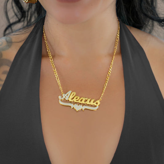 Double Plated Script Name Necklace W/ Figaro Chain
