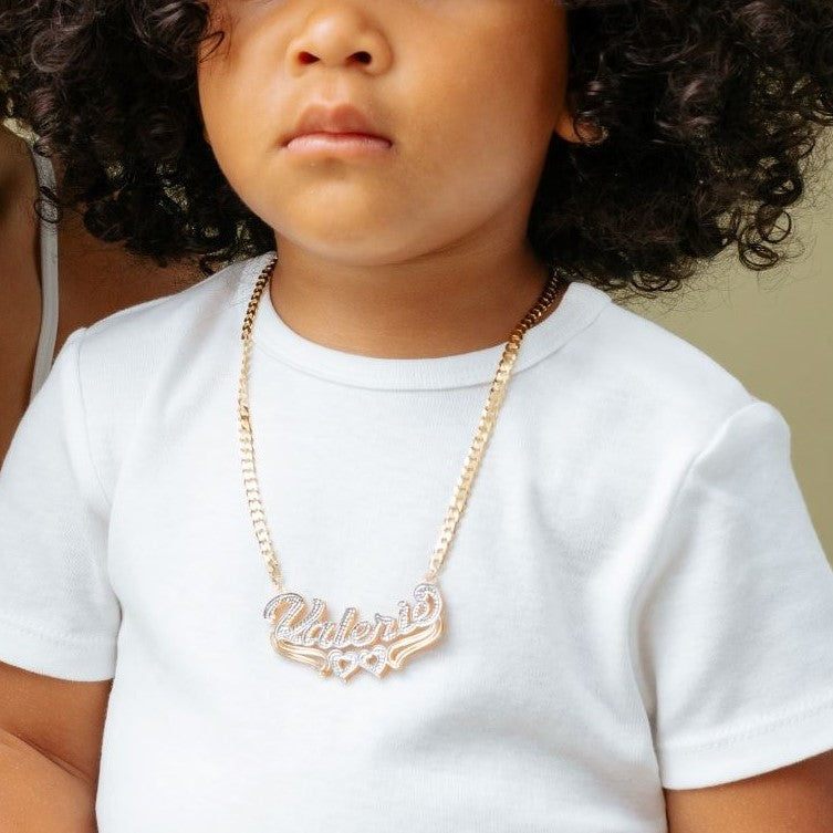 Collar de nombre de corazón chapado doble para niños